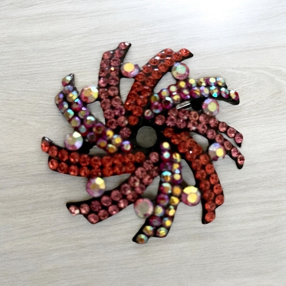 Vintage Circle Brooch Aurora Borealis  Stones, and Orange and Pink Rhi…
